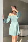 Mint Kare Yaka Drape Detay Ayarlanabilir Uzun Kol Krep Kumaş Elbise