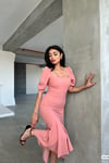 Pudra Krep Kumaş Kare Yaka Balon Kol Balık Model Midi Boy Elbise 