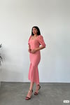 Pudra Krep Kumaş Kare Yaka Balon Kol Balık Model Midi Boy Elbise 