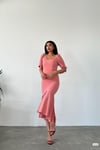 Pudra Krep Kumaş Kare Yaka Balon Kol Balık Model Midi Boy Elbise 