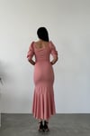 Pudra Krep Kumaş Kare Yaka Balon Kol Balık Model Midi Boy Elbise 