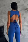 Saks Mavisi Full Likralı Burgu Kumaş Sırt Detaylı Crop Pantolon Takım