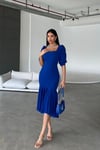 Saks Mavisi Krep Kumaş Kare Yaka Balon Kol Balık Model Midi Boy Elbise 