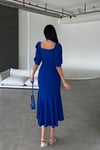 Saks Mavisi Krep Kumaş Kare Yaka Balon Kol Balık Model Midi Boy Elbise 