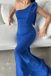 Saks Mavisi Scuba Kumaş Tek Omuz Fiyonk Detay Balık Model Elbise