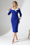 Saks Mavisi Uzun Kollu Kontrastlı Kenar Detaylı Kol Düğmeli A Kesim Krep Kumaş Elbise