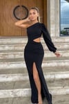 Siyah Bel Dekolteli İthal Krep Kumaş Tek Kol Abiye Elbise