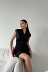 Siyah Drapeli Kapalı Kruvaze Yaka Saten Elbise