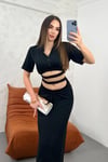Siyah Dubai Kumaş Bel Dekolteli Yırtmaçlı Crop Etek Takım 