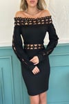Siyah Kadın Uzun Kollu Madonna Yaka Kol Yaka Bel Dantel Detay Şardonlu Dalgıç Elbise