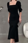 Siyah Krep Kumaş Kare Yaka Balon Kol Balık Model Midi Boy Elbise 