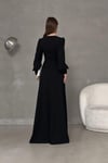 Siyah Krep Kumaş Önü Düğüm Detay Maxi Boy Uzun Kollu Yırtmaçlı Elbise