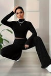 Siyah Uzun Kollu Balıkçı Yaka Krop Ve Pantolon Şardonlu Kaşkorse İkili Takım
