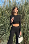 Siyah Uzun Kollu Crop Ve Bol Paça Pantolon Kaşkorse Kumaş Alt Üst Takım
