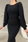 Siyah Vatkalı Uzun Kollu Balık Model Maxi Boy İthal Krep Kumaş Elbise