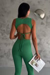 Yeşil Full Likralı Burgu Kumaş Sırt Detaylı Crop Pantolon Takım