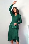 Yeşil Krep Kumaş Uzun Kollu Kuşaklı Midi Elbise