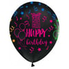 Baskılı Latex BalonlarHappy Birthday Renkli Baskılı Siyah Lateks Balon 100'lü PaketBALONEVİ