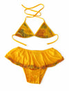 ​Kız Çocuk Desenli Fırfırlı Etekli Sarı İki Parça Bikini Takımı 