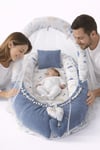Jaju Baby Denim Waffle Pike Kumaş ve Müslin Kumaş Ponponlu Oyuncak Aparatlı Tüllü Babynest
