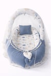 Jaju Baby Denim Waffle Pike Kumaş ve Müslin Kumaş Ponponlu Oyuncak Aparatlı Tüllü Babynest
