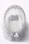 Jaju Baby Gri Waffle Pike Kumaş Mickey Tasarım Ponponlu Oyuncak Aparat ve Tül Babynest Set 