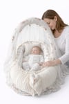 Jaju Baby Krem Örgü Pike Kumaş ve Tüy Desen Kumaş Ponponlu Babynest Oyuncak Aparat ve Tül Set