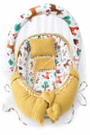 Jaju Baby Sarı Örgü Pike Kumaş ve Orman Müslin Kumaş Ponponlu Babynest ve Yorgan Oyuncak Aparat ve Tül Set