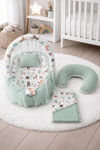 Jaju Baby Yeşil Örgü Pike Kumaş ve Orman Kumaş Ponponlu 6 Parça Babynest Set