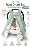 Jaju Baby Yeşil Pike Kumaş %100 Organik Puset Örtüsü ve Minderi Bulutlu