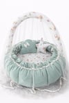 Jaju Baby Yeşil Pike Kumaş Ceylan Desen Kombinli Tasarım Açılır - Kapanır Oyun Minderi Cibinlik Aparatlı Babynest