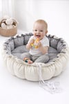 Krem Waffle Kumaş Açılır Oyun Minderi & Bebek Yuvası – Gri İç Zemin (80–120 cm) Babynest