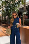 Hakim Yaka Gold Düğmeli Denim Yelek ve Bol Paça Pantolon Takım 10362