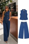 Hakim Yaka Gold Düğmeli Denim Yelek ve Bol Paça Pantolon Takım 10362