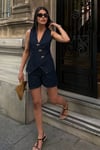 Lacivert Denim Düğmeli Yelek ve Şort Takım 10342
