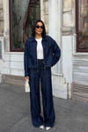 Lacivert Denim Fermuarlı Ceket ve Bol Paça Pantolon İkili Takım 10373