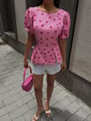 Pembe Puantiyeli Vatkalı Balon Kol Bluz 3483
