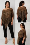 Asimetrik Oversize Kesim Leopar Desen Transparan Yazlık Panço Bluz-KAHVE