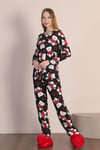 Ayıcık Ve Kalp Desenli Pamuklu Uzun Kol Siyah Pijama 