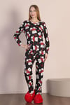 Ayıcık Ve Kalp Desenli Pamuklu Uzun Kol Siyah Pijama 