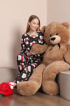 Ayıcık Ve Kalp Desenli Pamuklu Uzun Kol Siyah Pijama 