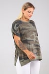 Büyük Beden Kamuflaj Desen Yırtmaçlı Parça Boya Yıkamalı Mevsimlik Tshirt-HAKİ