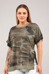Büyük Beden Kamuflaj Desen Yırtmaçlı Parça Boya Yıkamalı Mevsimlik Tshirt-HAKİ