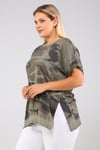 Büyük Beden Kamuflaj Desen Yırtmaçlı Parça Boya Yıkamalı Mevsimlik Tshirt-HAKİ