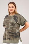 Büyük Beden Kamuflaj Desen Yırtmaçlı Parça Boya Yıkamalı Mevsimlik Tshirt-HAKİ