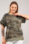 Büyük Beden Kamuflaj Desen Yırtmaçlı Parça Boya Yıkamalı Mevsimlik Tshirt-HAKİ