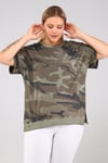 Büyük Beden Kamuflaj Desen Yırtmaçlı Parça Boya Yıkamalı Mevsimlik Tshirt-HAKİ