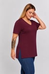 Büyük Beden V Yaka Yırtmaçlı Pamuk Basic Tshirt-BORDO