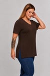 Büyük Beden V Yaka Yırtmaçlı Pamuk Basic Tshirt-KAHVE