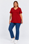 Büyük Beden V Yaka Yırtmaçlı Pamuk Basic Tshirt-KIRMIZI